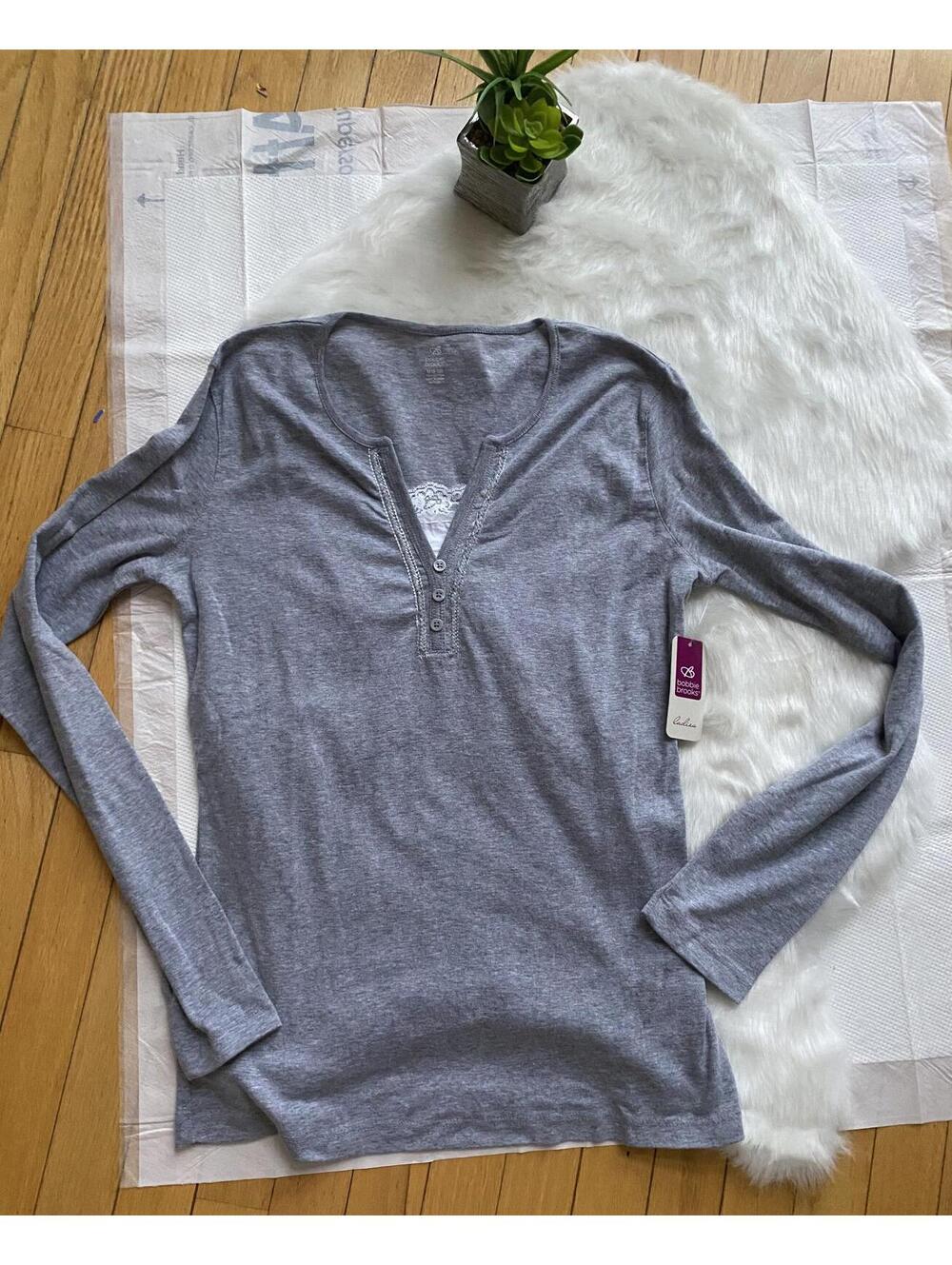 Bobbie Brooks Gray Long Sleeve Henley Sweater with Lace